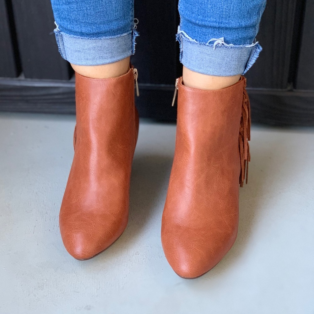Cognac Pointed Toe Boho Fringe Ankle Booties - Picture 3 of 4